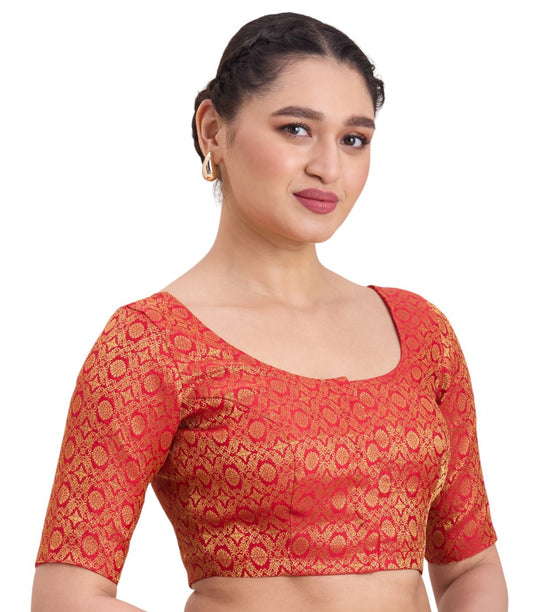 Women's Red Benaras Brocade Round Neck Readymade Saree Blouse  (Design 2924)