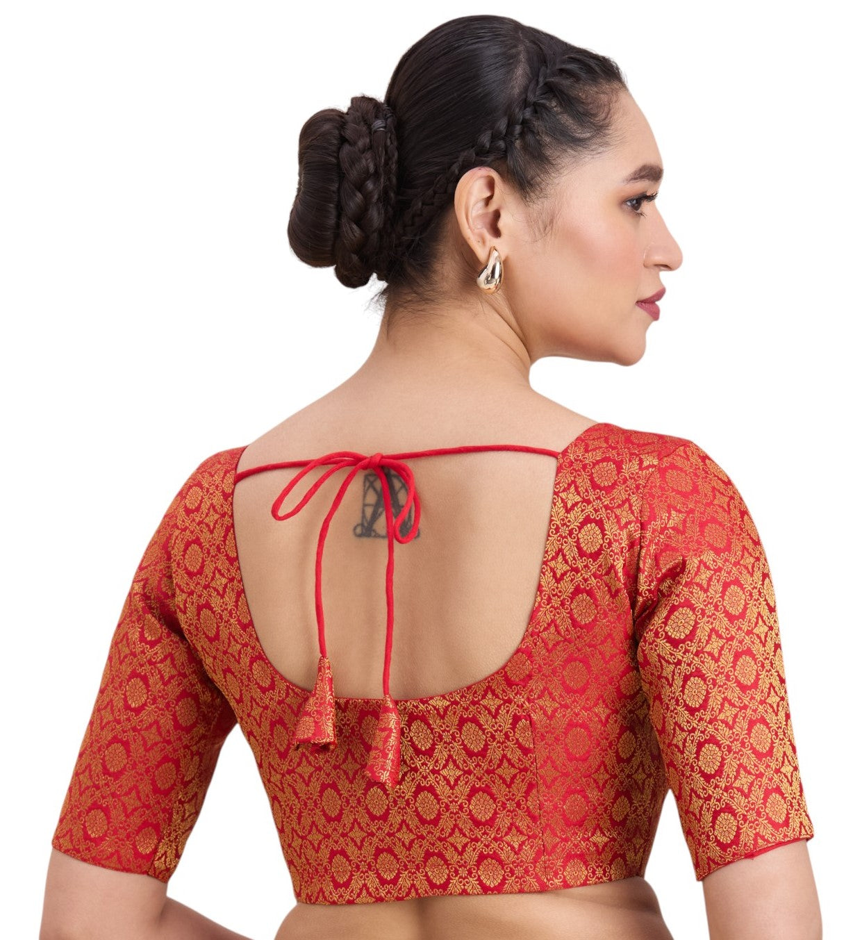 Women's Red Benaras Brocade Round Neck Readymade Saree Blouse  (Design 2924)