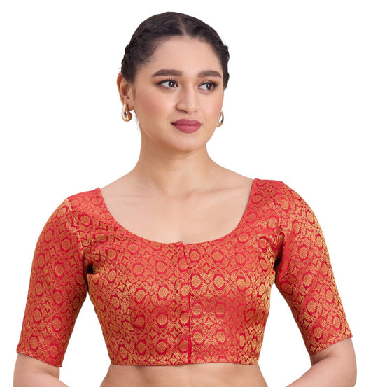 Women's Red Benaras Brocade Round Neck Readymade Saree Blouse  (Design 2924)
