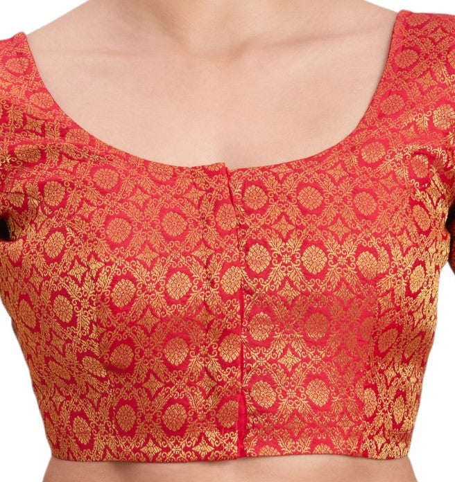 Women's Red Benaras Brocade Round Neck Readymade Saree Blouse  (Design 2924)
