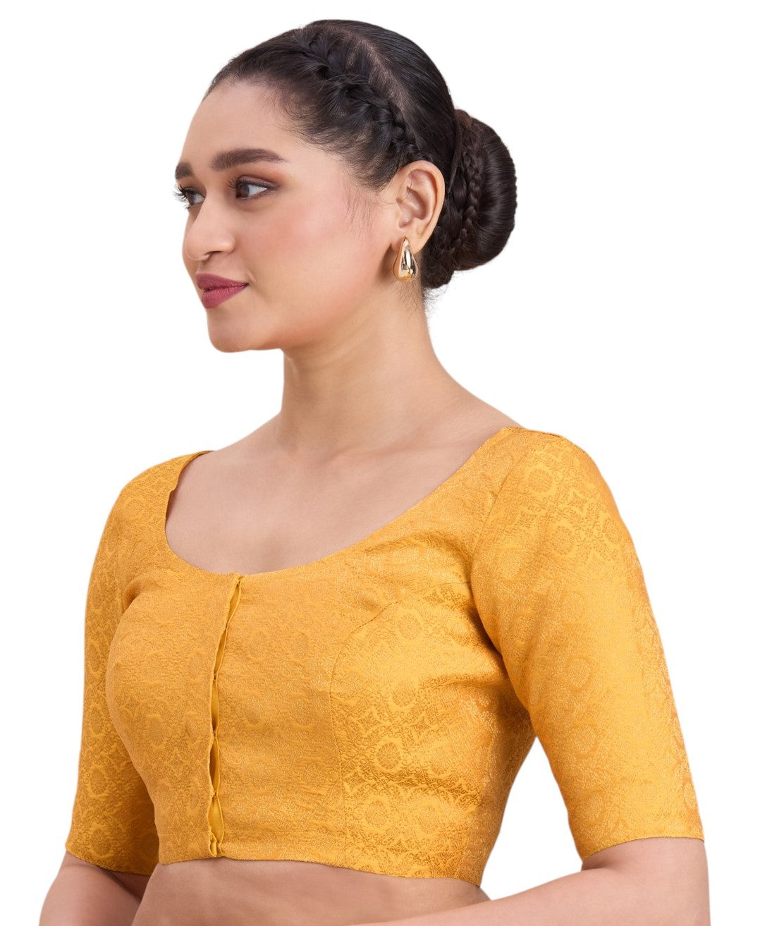 Women's Yellow Benaras Brocade Round Neck Readymade Saree Blouse  (Design 2924)