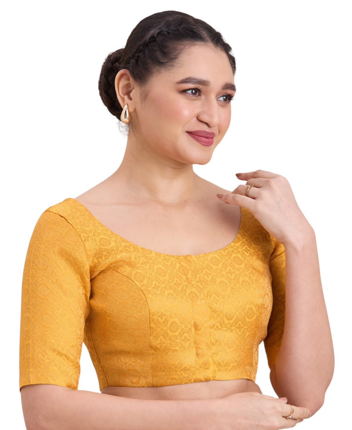 Women's Yellow Benaras Brocade Round Neck Readymade Saree Blouse  (Design 2924)