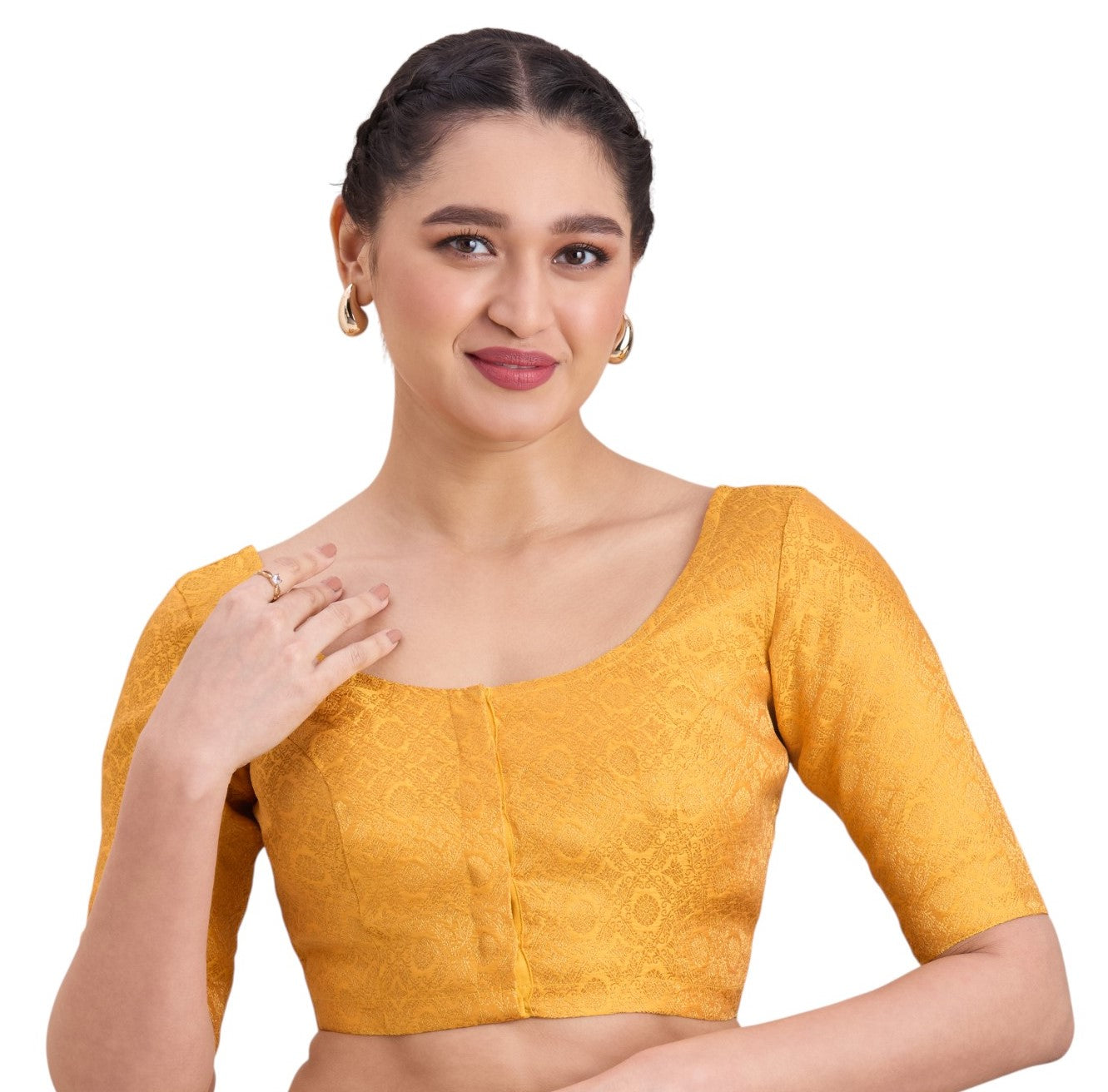 Women's Yellow Benaras Brocade Round Neck Readymade Saree Blouse  (Design 2924)