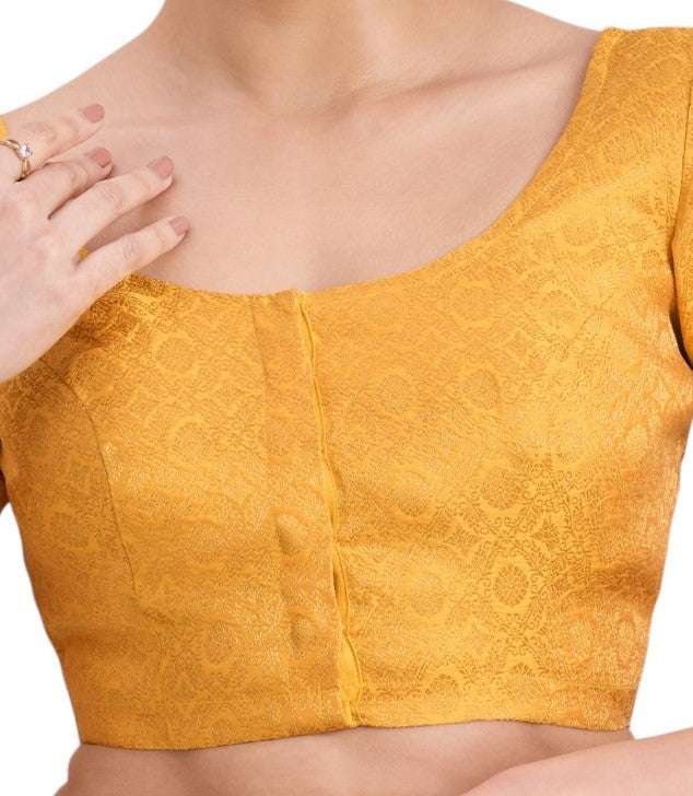 Women's Yellow Benaras Brocade Round Neck Readymade Saree Blouse  (Design 2924)
