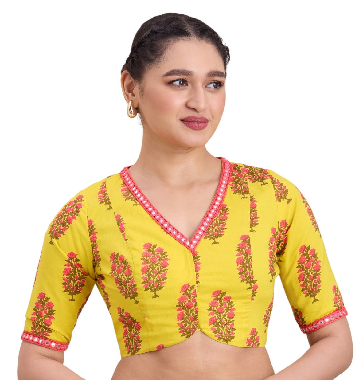 Women's Yellow Cotton Mulmul Block Printed Readymade Saree Blouse (Design 2925)