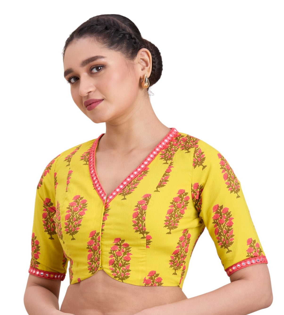 Women's Yellow Cotton Mulmul Block Printed Readymade Saree Blouse (Design 2925)