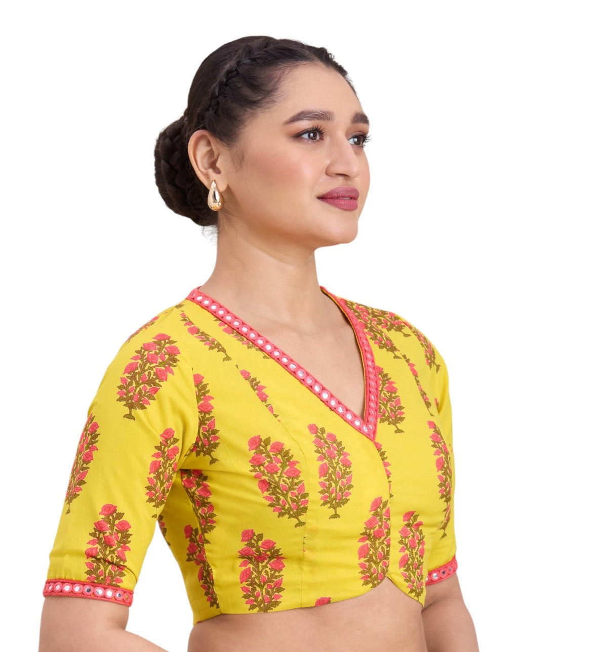Women's Yellow Cotton Mulmul Block Printed Readymade Saree Blouse (Design 2925)