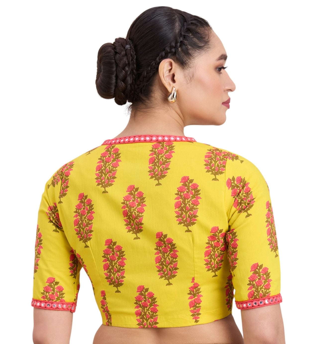 Women's Yellow Cotton Mulmul Block Printed Readymade Saree Blouse (Design 2925)
