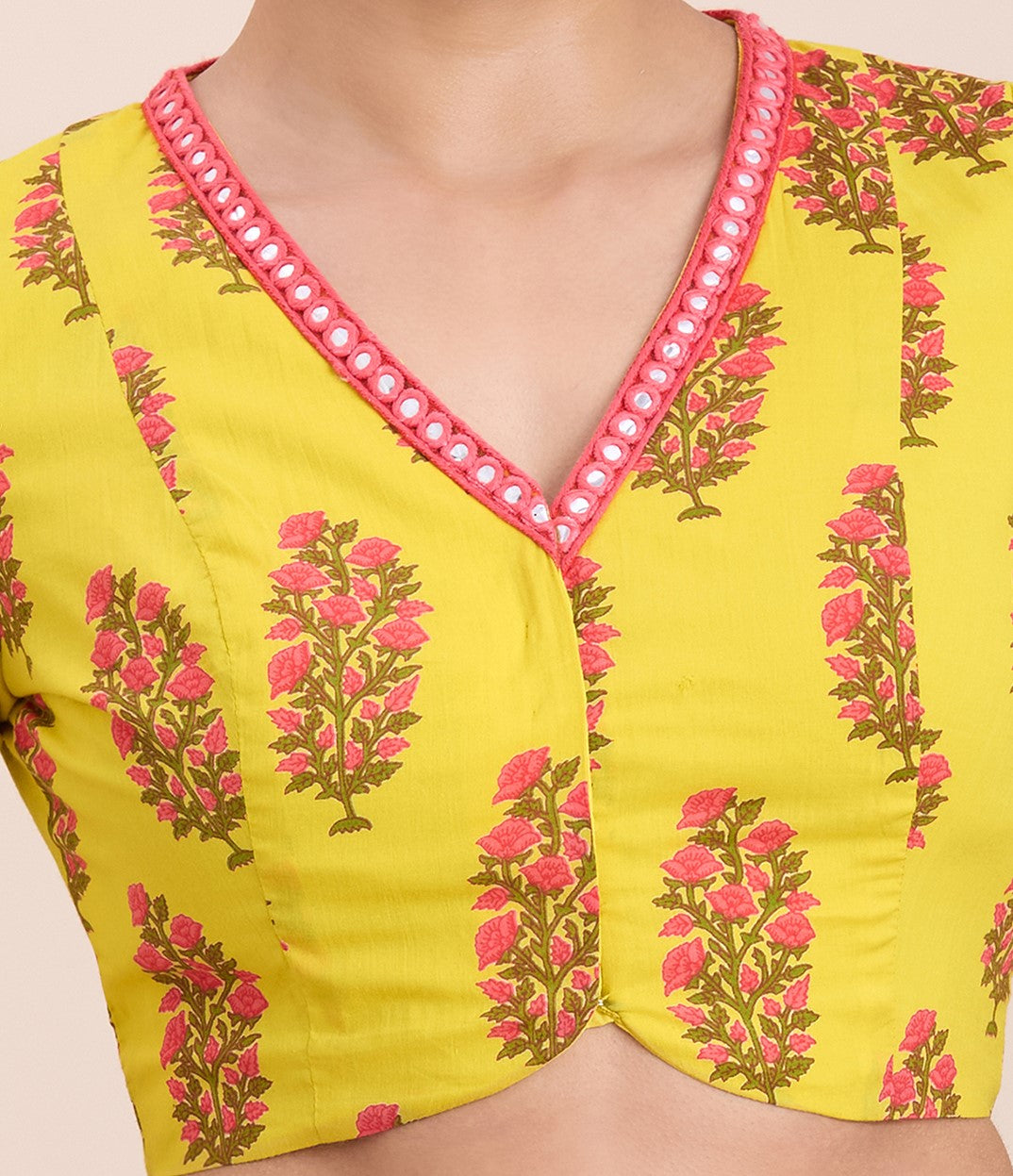 Women's Yellow Cotton Mulmul Block Printed Readymade Saree Blouse (Design 2925)