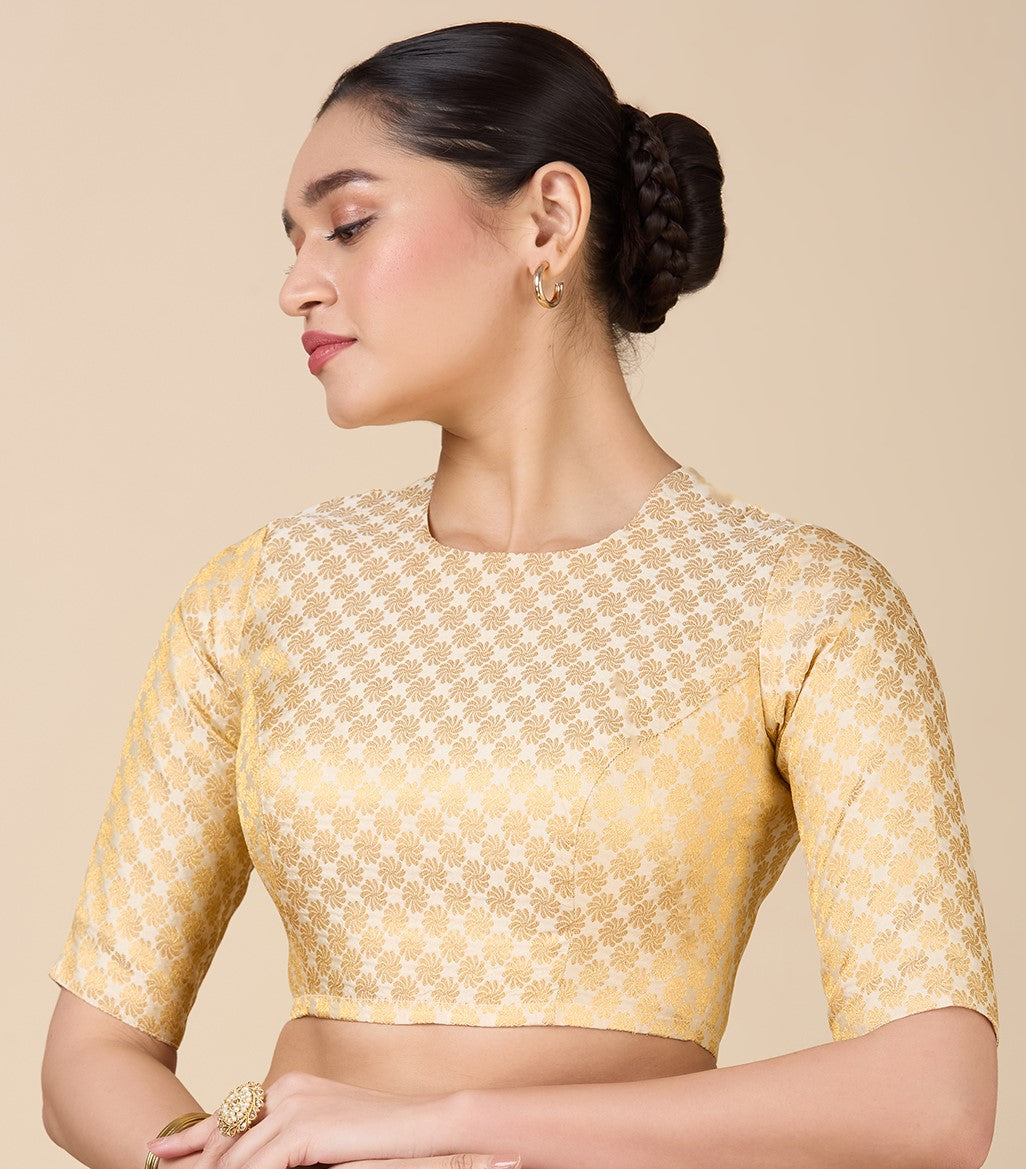 Women's Cream Benaras Brocade Jewel Neck Readymade Saree Blouse  (Design 2927)