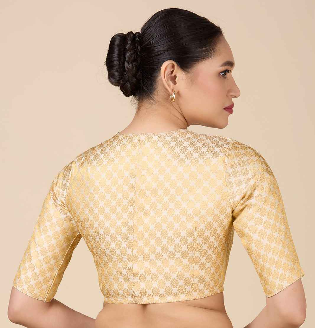Women's Cream Benaras Brocade Jewel Neck Readymade Saree Blouse  (Design 2927)