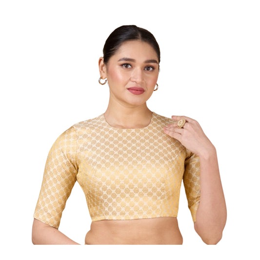 Women's Cream Benaras Brocade Jewel Neck Readymade Saree Blouse  (Design 2927)
