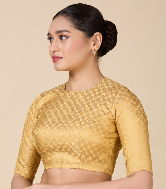 Women's Gold Benaras Brocade Jewel Neck Readymade Saree Blouse  (Design 2927)