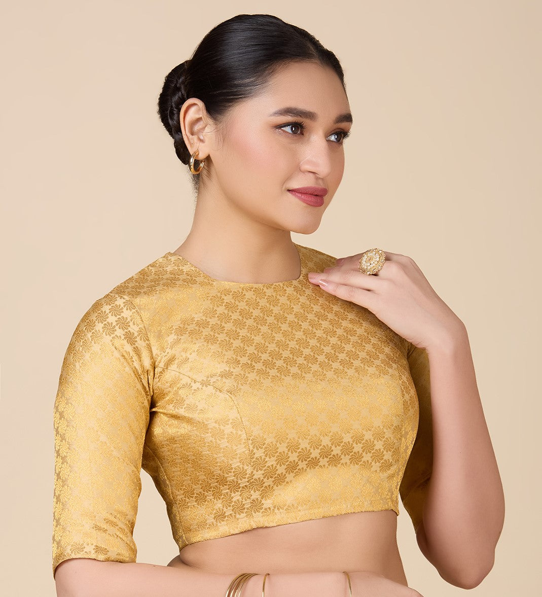 Women's Gold Benaras Brocade Jewel Neck Readymade Saree Blouse  (Design 2927)