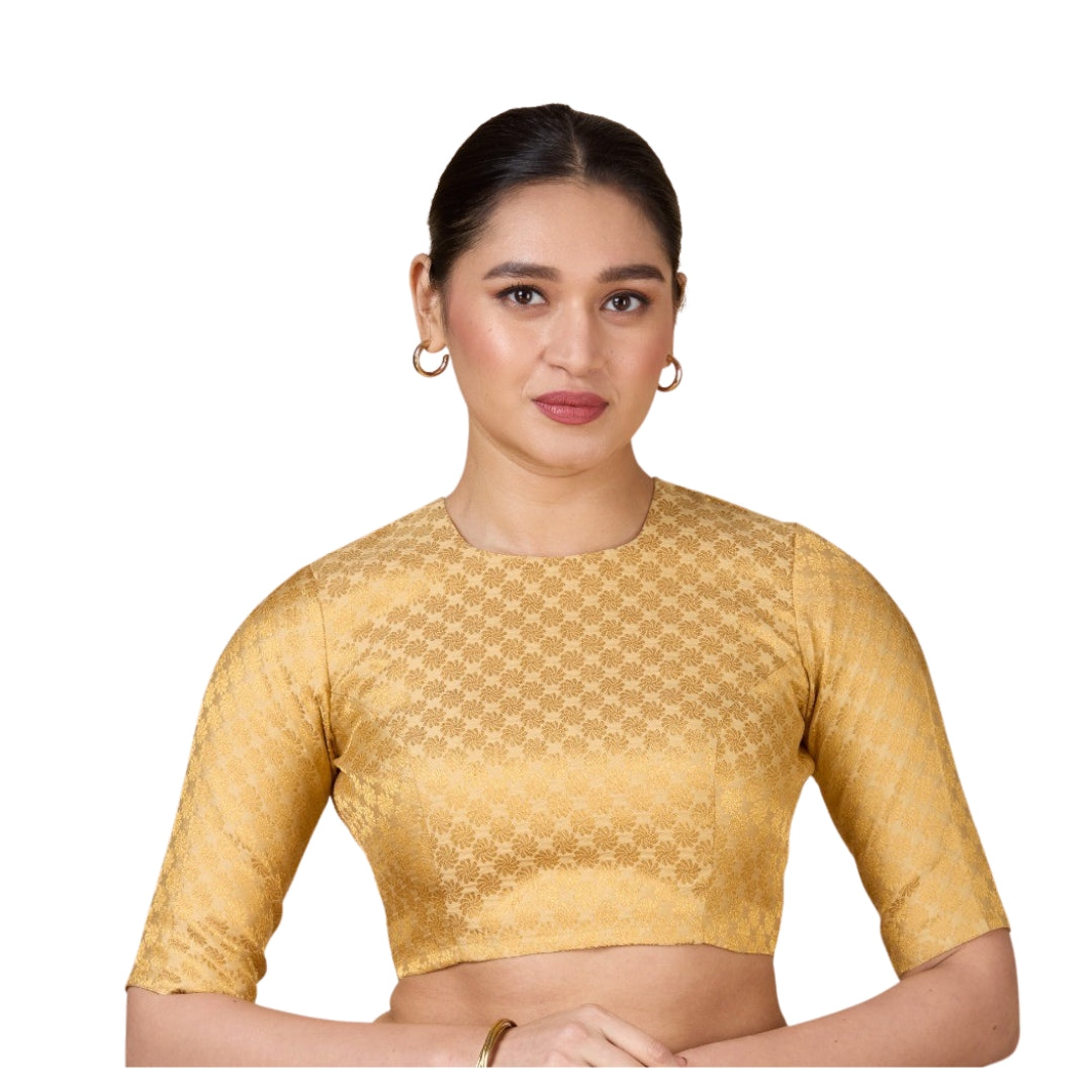 Women's Gold Benaras Brocade Jewel Neck Readymade Saree Blouse  (Design 2927)