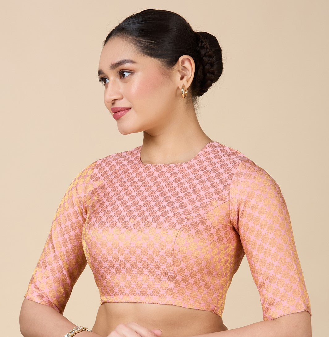 Women's Light Pink Benaras Brocade Jewel Neck Readymade Saree Blouse  (Design 2927)