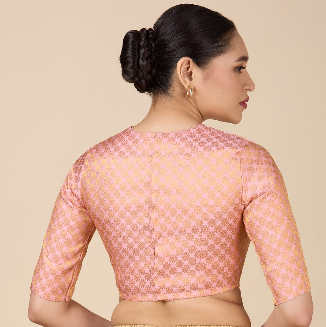 Women's Light Pink Benaras Brocade Jewel Neck Readymade Saree Blouse  (Design 2927)