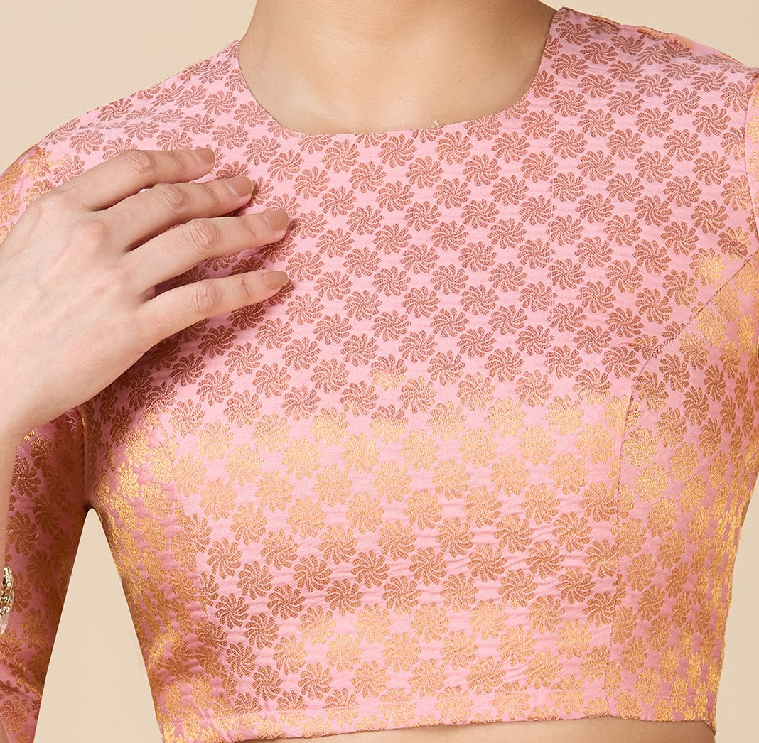 Women's Light Pink Benaras Brocade Jewel Neck Readymade Saree Blouse  (Design 2927)
