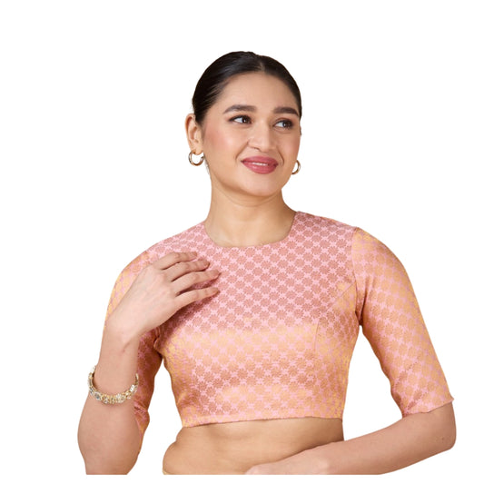 Women's Light Pink Benaras Brocade Jewel Neck Readymade Saree Blouse  (Design 2927)
