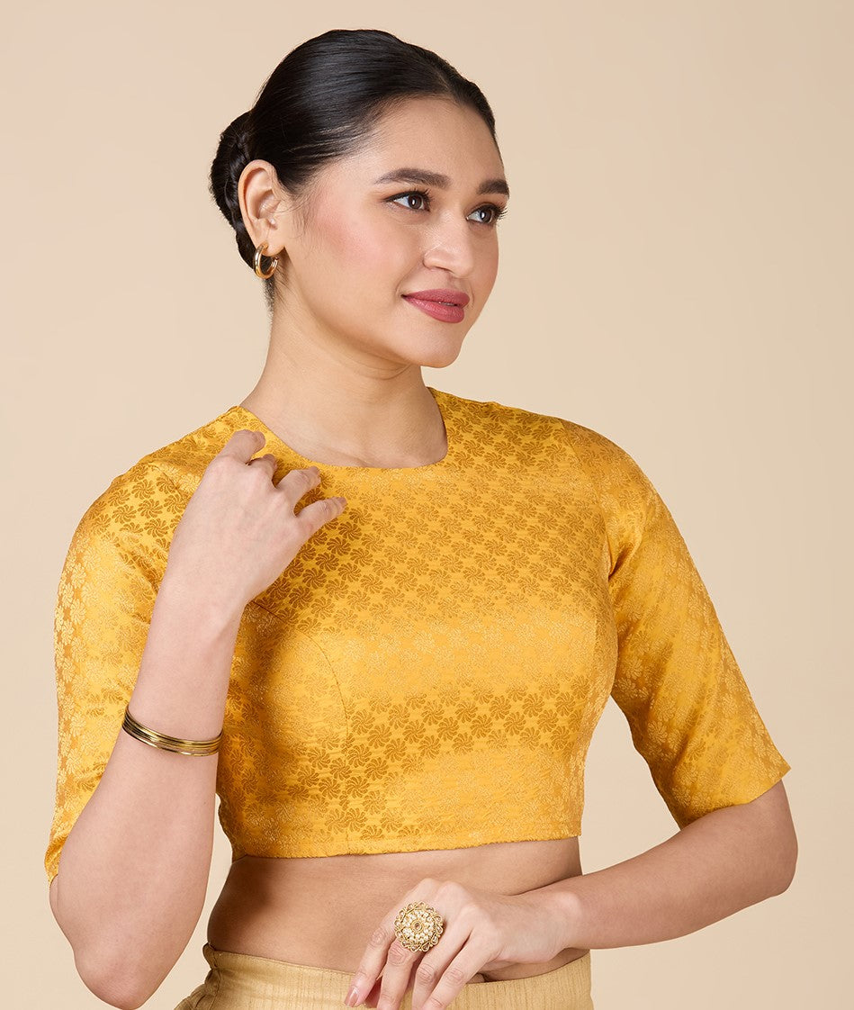 Women's Mustard Benaras Brocade Jewel Neck Readymade Saree Blouse  (Design 2927)