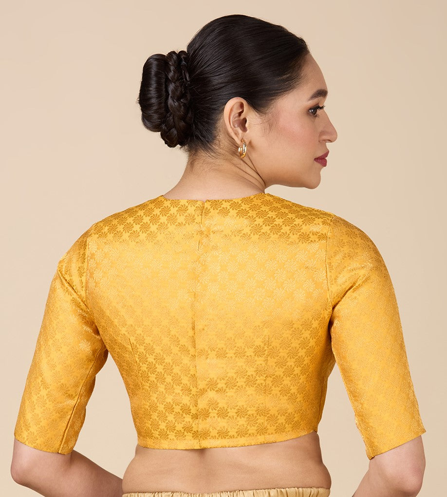 Women's Mustard Benaras Brocade Jewel Neck Readymade Saree Blouse  (Design 2927)