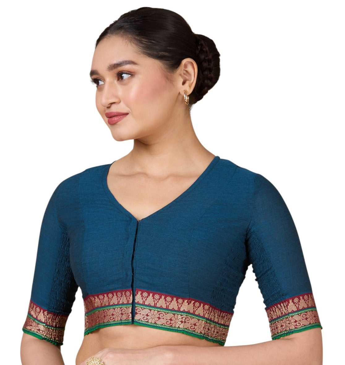 Women's Blue Handloom Cotton Stretchable (Smocked) Saree Blouse (Design 2928)