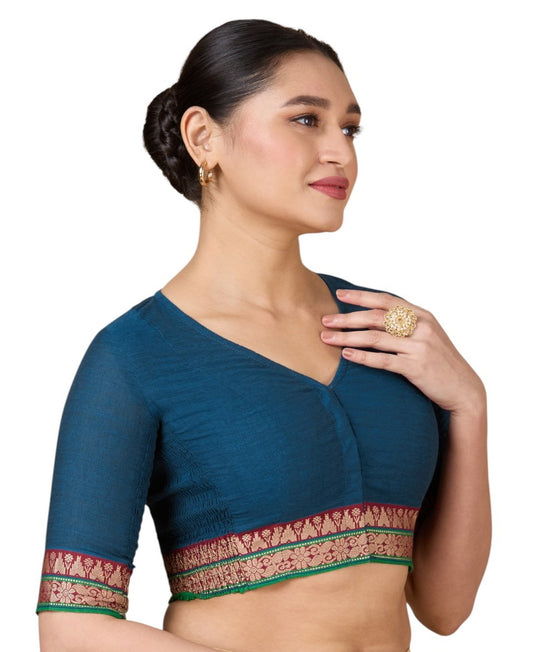 Women's Blue Handloom Cotton Stretchable (Smocked) Saree Blouse (Design 2928)