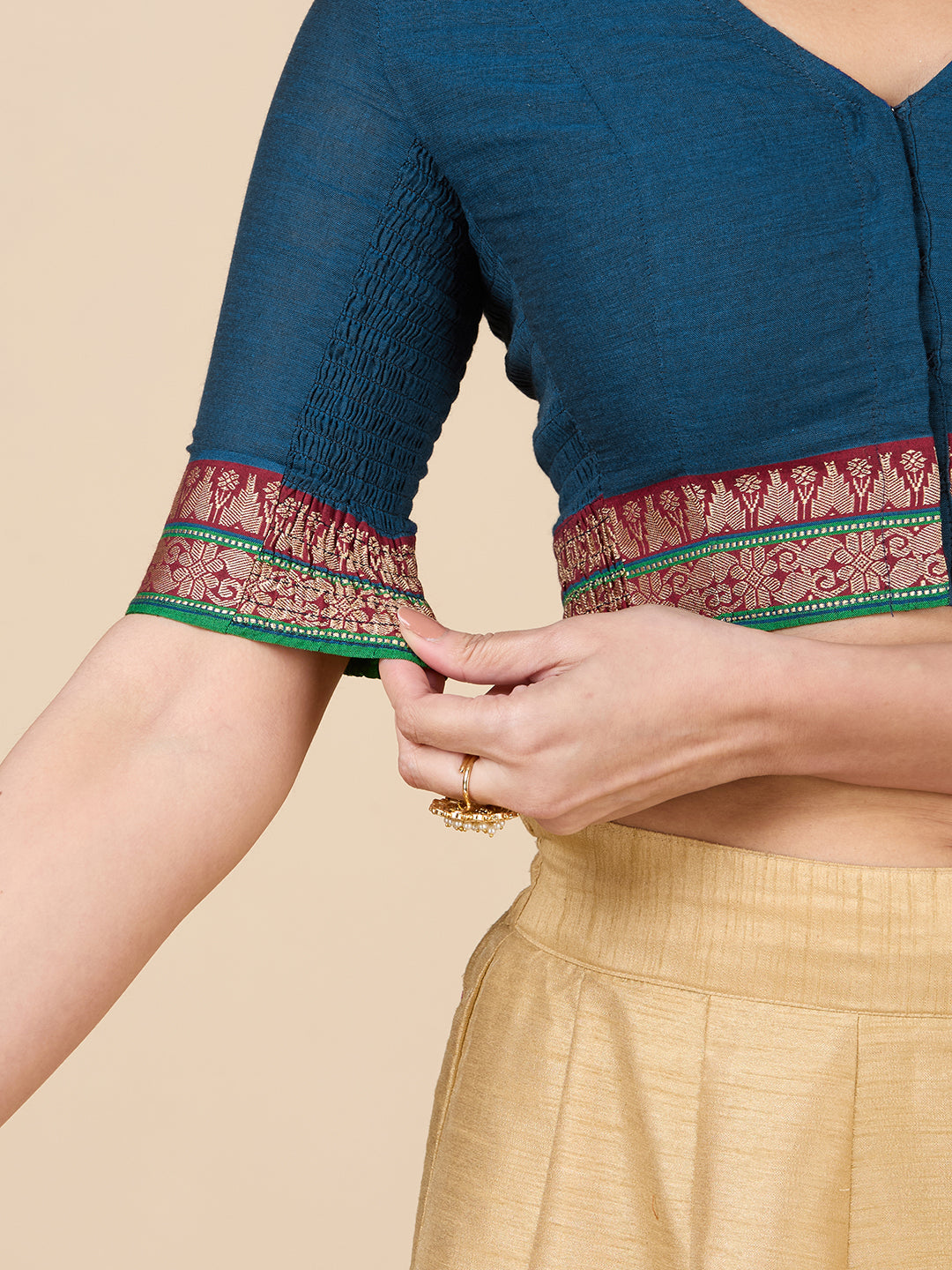 Women's Blue Handloom Cotton Stretchable (Smocked) Saree Blouse (Design 2928)