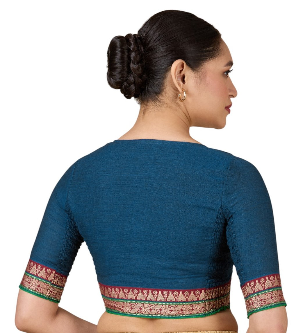 Women's Blue Handloom Cotton Stretchable (Smocked) Saree Blouse (Design 2928)