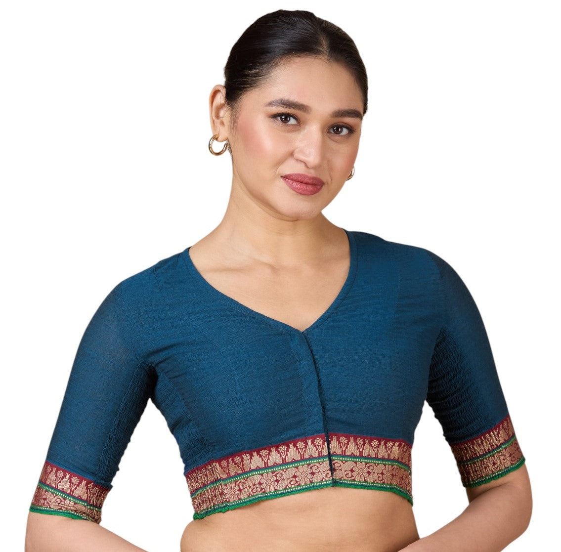 Women's Blue Handloom Cotton Stretchable (Smocked) Saree Blouse (Design 2928)