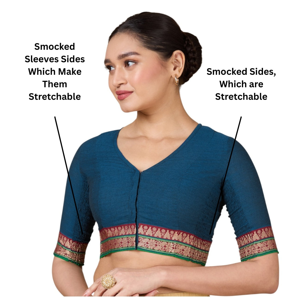 Women's Blue Handloom Cotton Stretchable (Smocked) Saree Blouse (Design 2928)