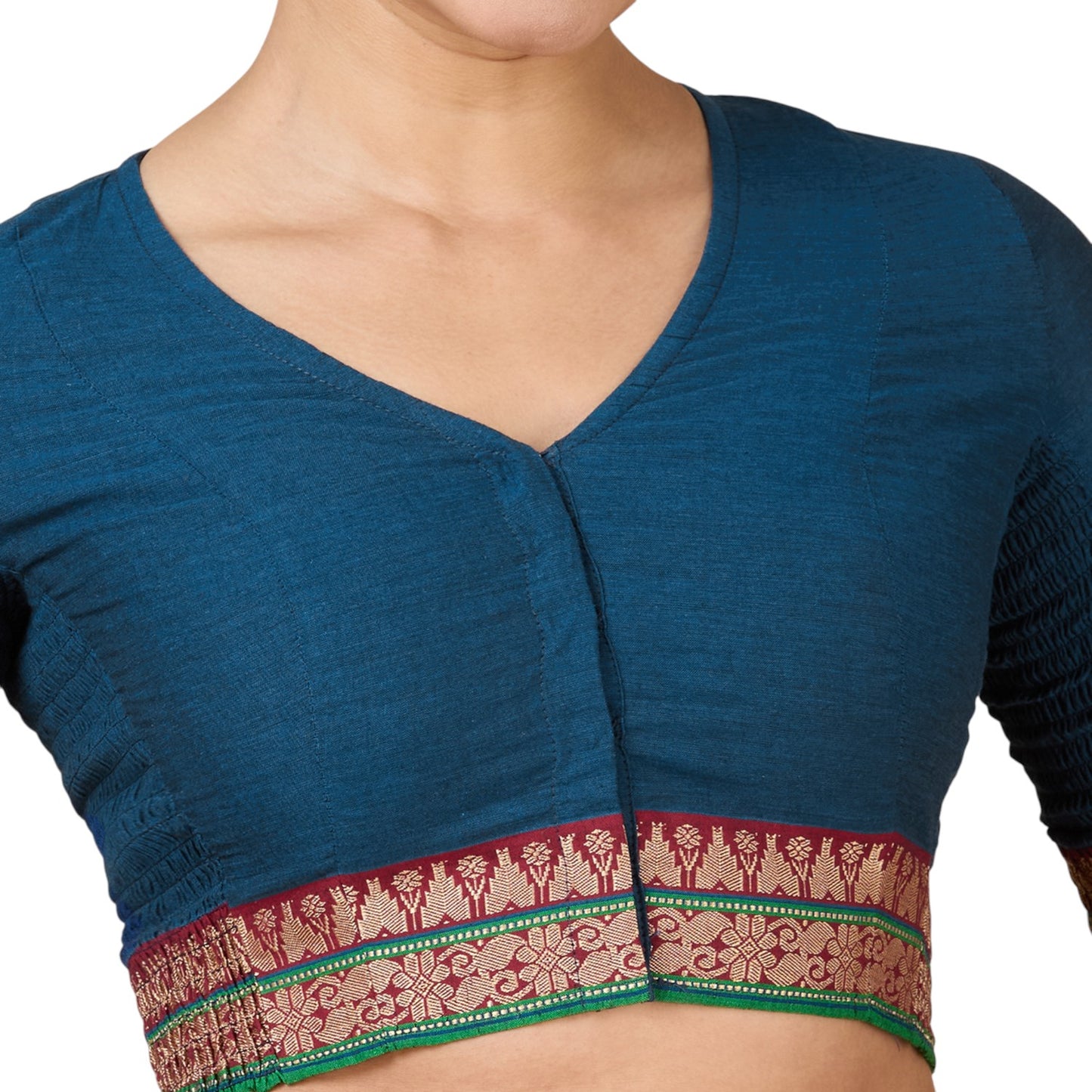 Women's Blue Handloom Cotton Stretchable (Smocked) Saree Blouse (Design 2928)