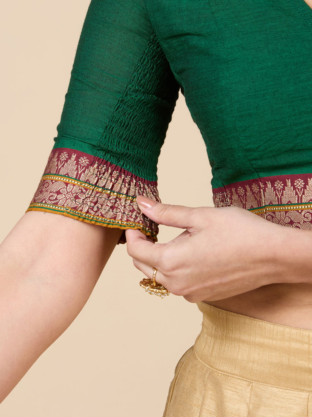 Women's Green Handloom Cotton Stretchable (Smocked) Saree Blouse (Design 2928)
