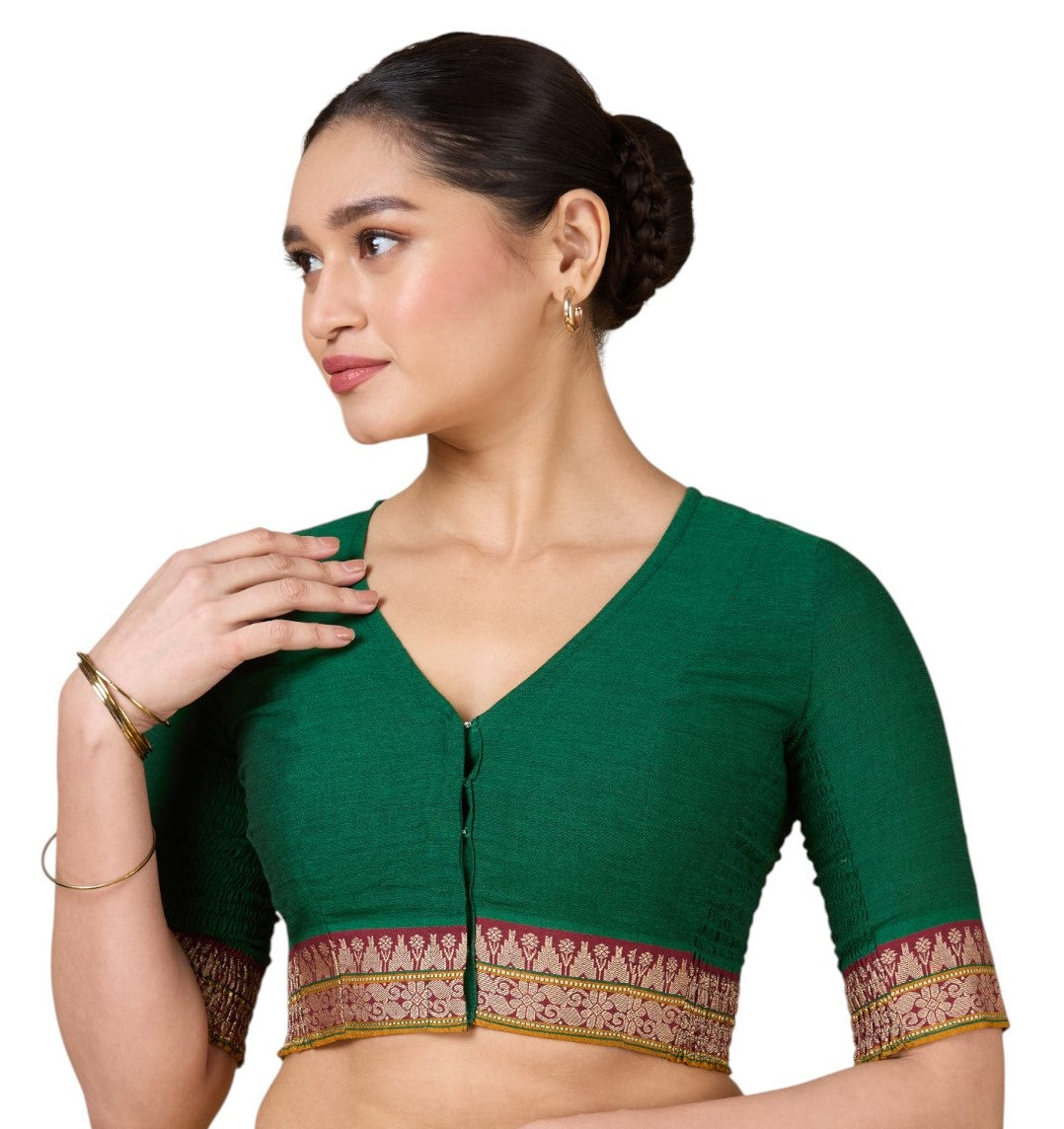 Women's Green Handloom Cotton Stretchable (Smocked) Saree Blouse (Design 2928)