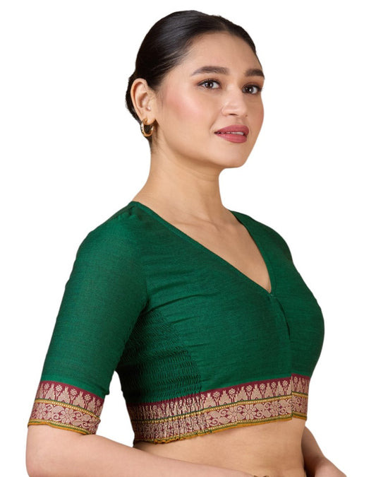 Women's Green Handloom Cotton Stretchable (Smocked) Saree Blouse (Design 2928)