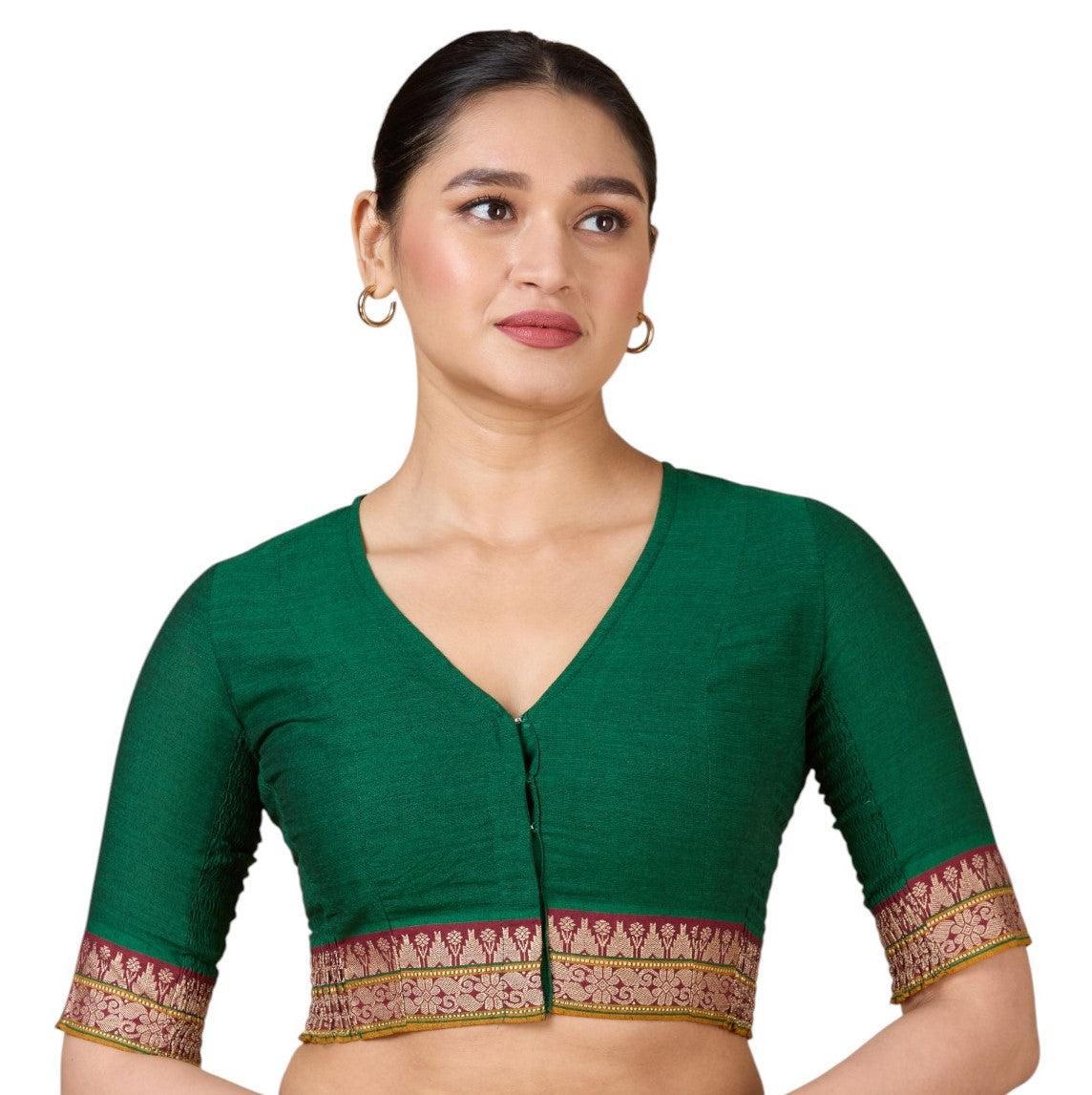 Women's Green Handloom Cotton Stretchable (Smocked) Saree Blouse (Design 2928)