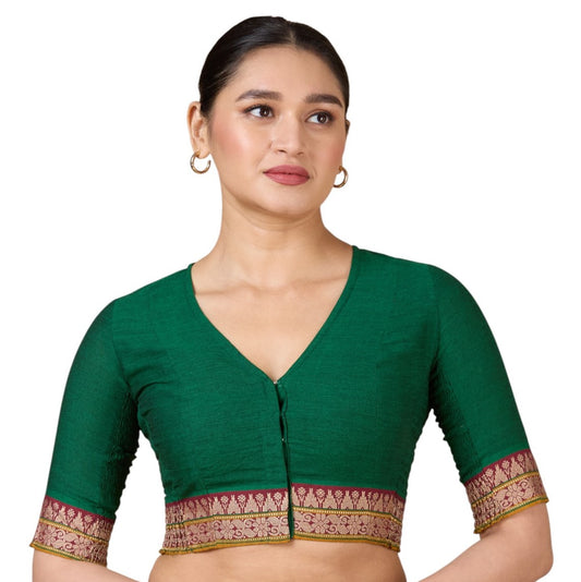 Women's Green Handloom Cotton Stretchable (Smocked) Saree Blouse (Design 2928)
