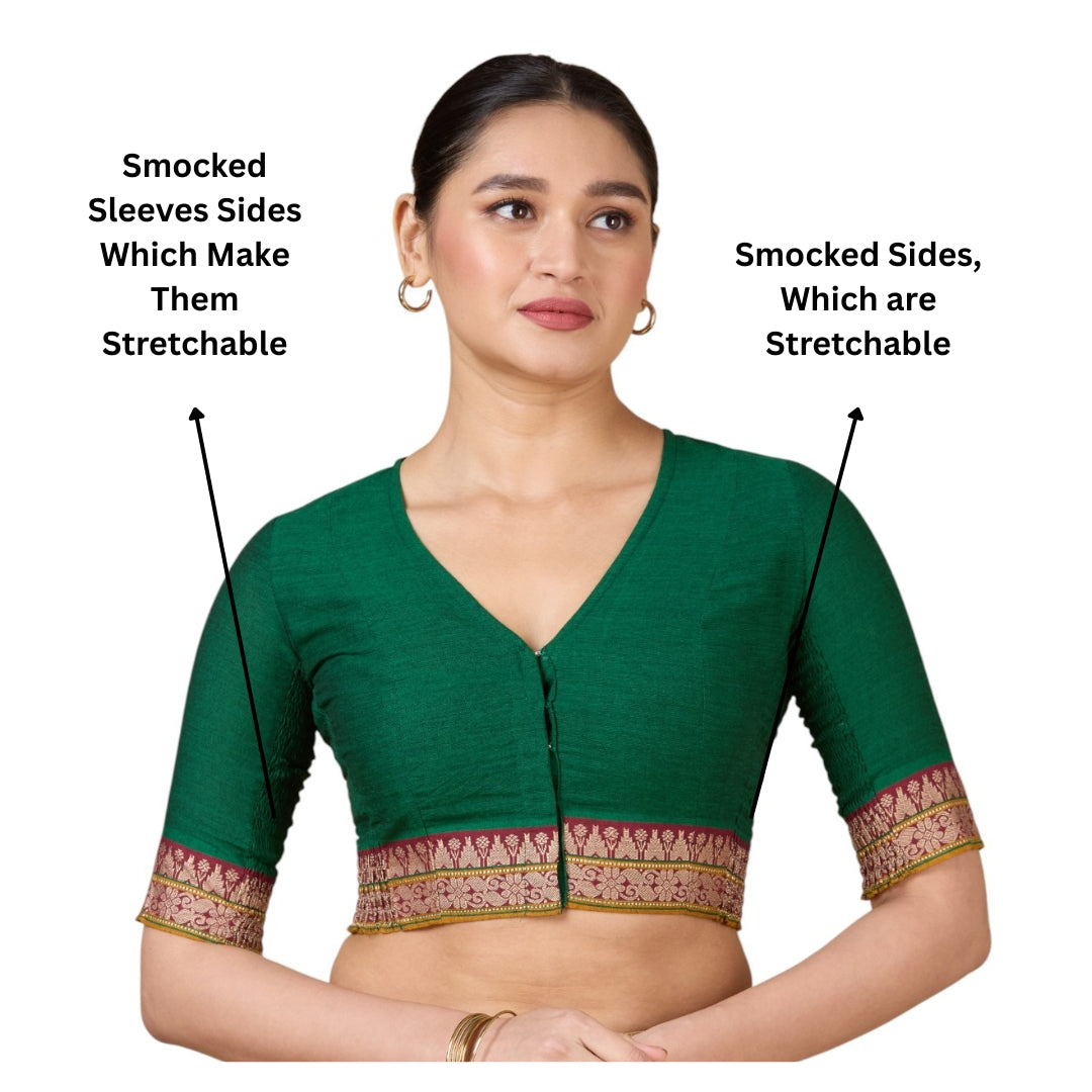 Women's Green Handloom Cotton Stretchable (Smocked) Saree Blouse (Design 2928)