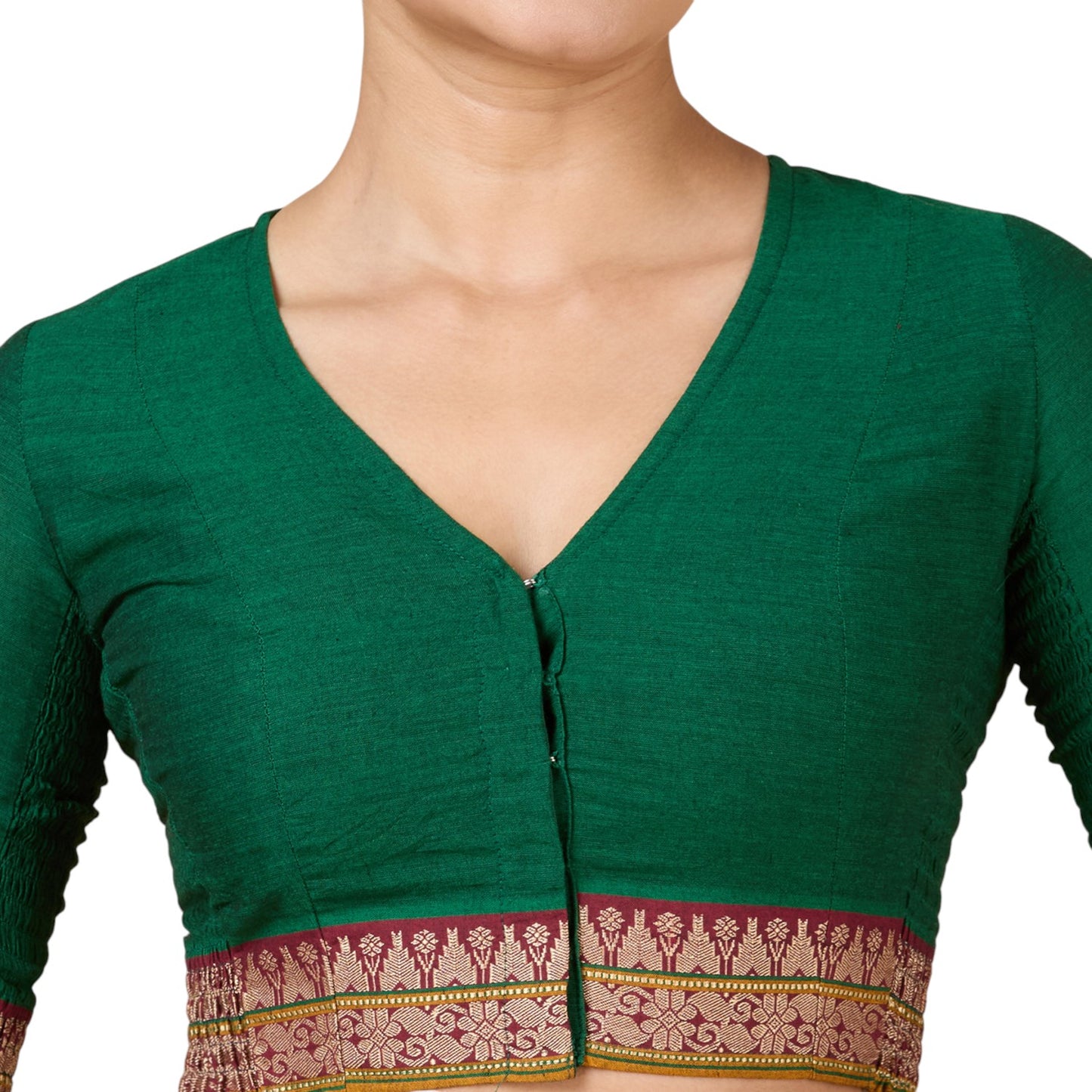Women's Green Handloom Cotton Stretchable (Smocked) Saree Blouse (Design 2928)