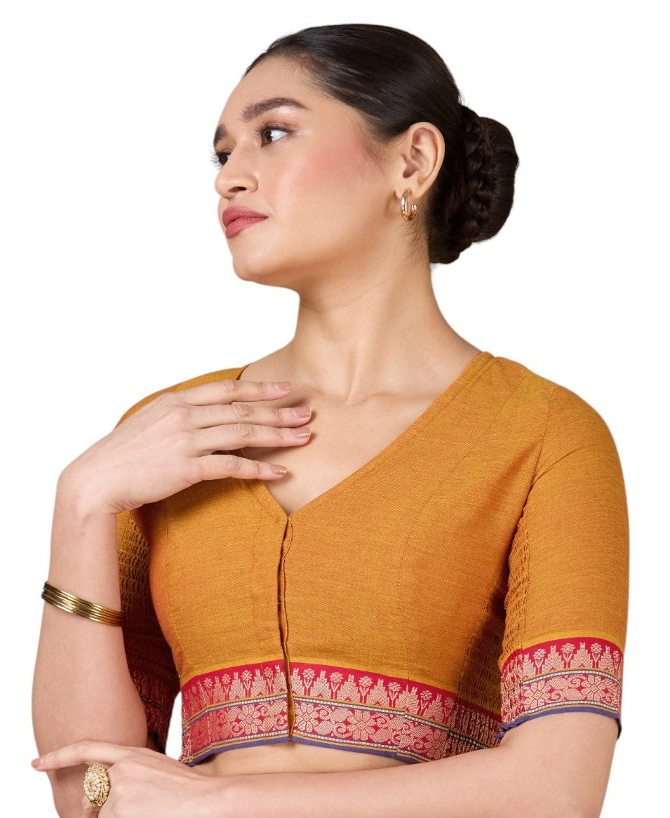 Women's Mustard Handloom Cotton Stretchable (Smocked) Saree Blouse (Design 2928)