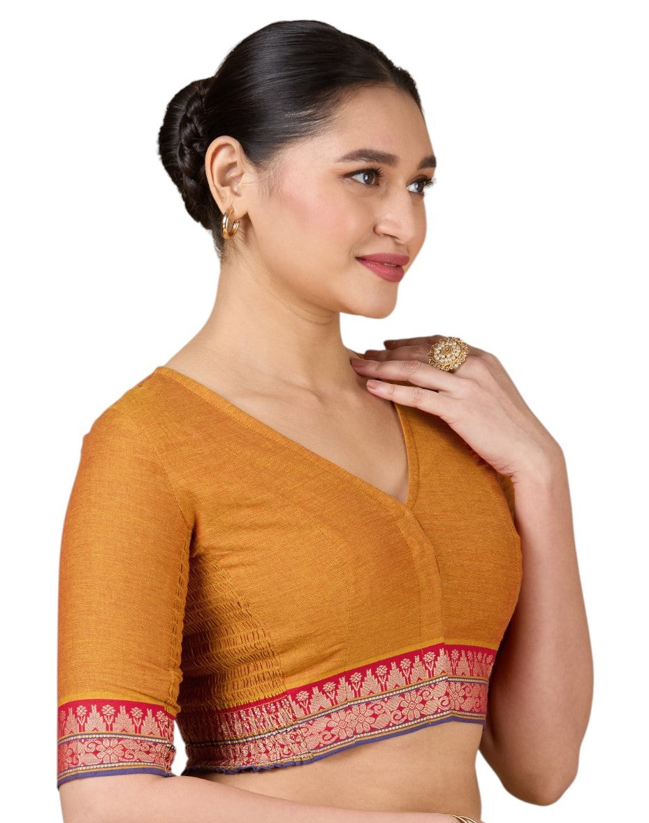 Women's Mustard Handloom Cotton Stretchable (Smocked) Saree Blouse (Design 2928)