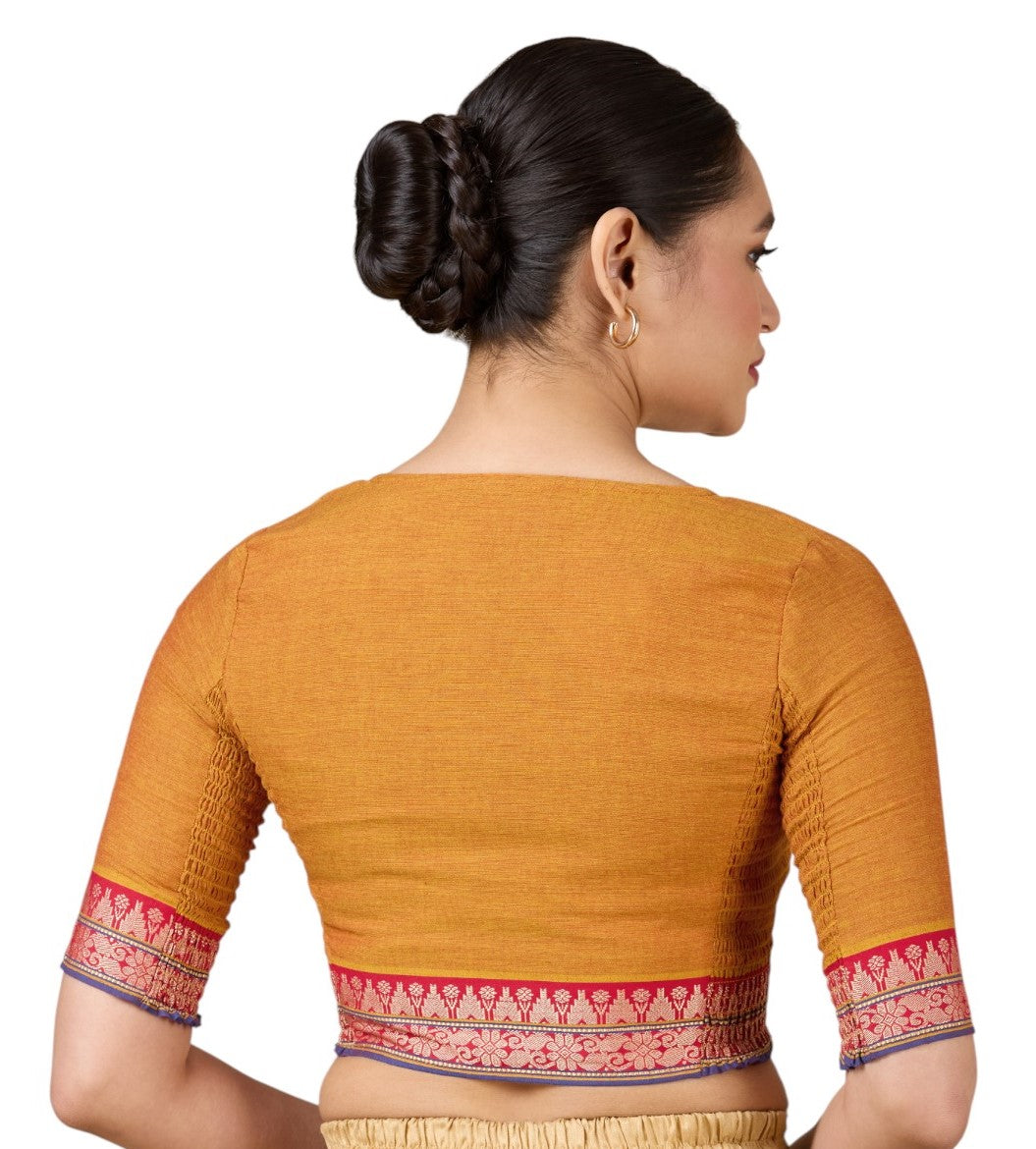 Women's Mustard Handloom Cotton Stretchable (Smocked) Saree Blouse (Design 2928)