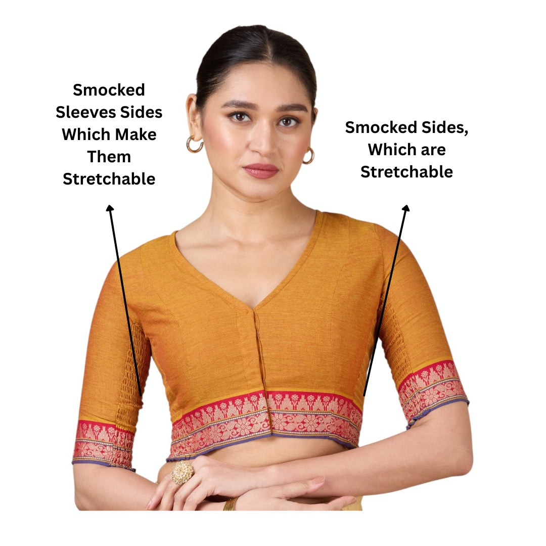 Women's Mustard Handloom Cotton Stretchable (Smocked) Saree Blouse (Design 2928)