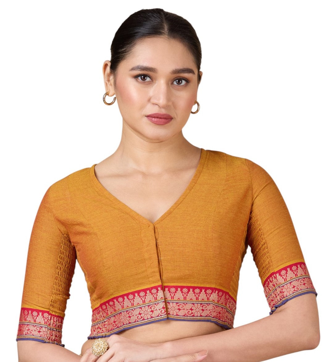 Women's Mustard Handloom Cotton Stretchable (Smocked) Saree Blouse (Design 2928)