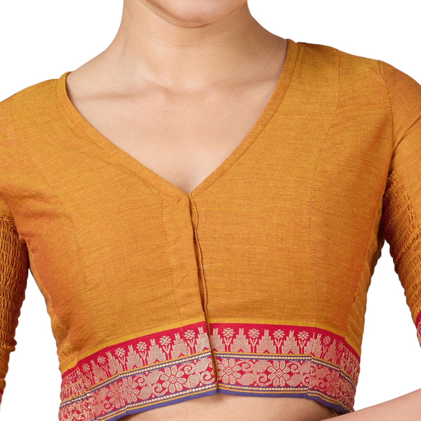 Women's Mustard Handloom Cotton Stretchable (Smocked) Saree Blouse (Design 2928)