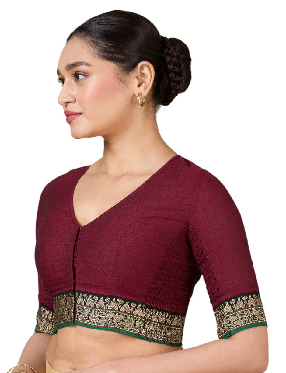 Women's Maroon Handloom Cotton Stretchable (Smocked) Saree Blouse (Design 2928)