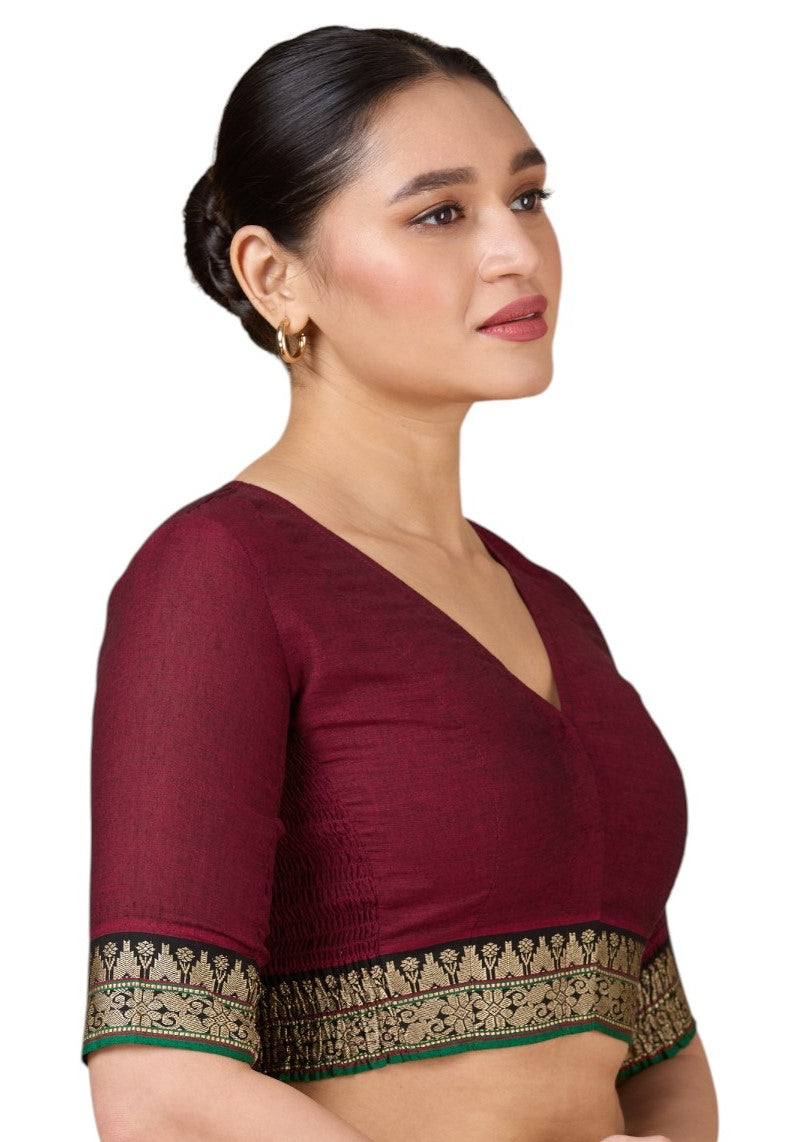 Women's Maroon Handloom Cotton Stretchable (Smocked) Saree Blouse (Design 2928)