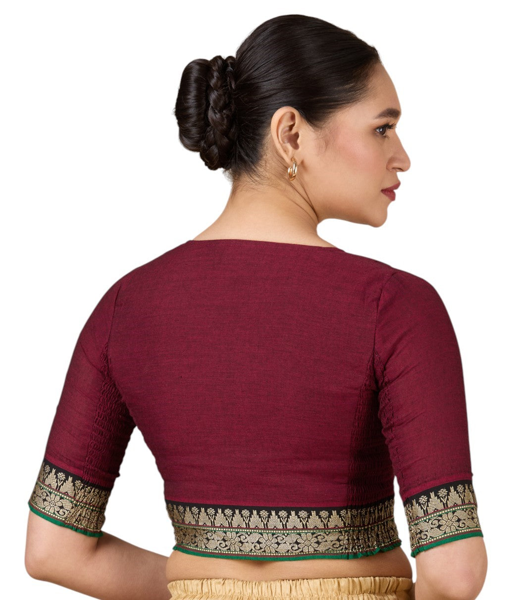 Women's Maroon Handloom Cotton Stretchable (Smocked) Saree Blouse (Design 2928)