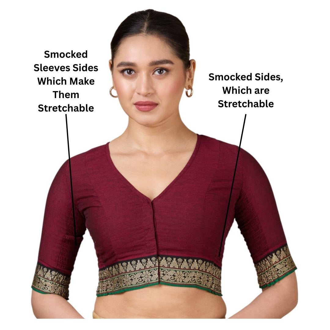 Women's Maroon Handloom Cotton Stretchable (Smocked) Saree Blouse (Design 2928)