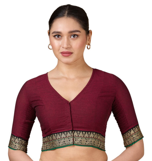 Women's Maroon Handloom Cotton Stretchable (Smocked) Saree Blouse (Design 2928)